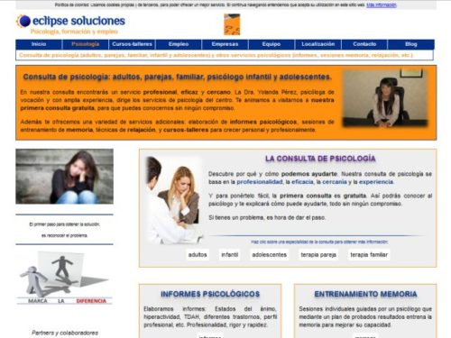 Captura de pantalla de la página de inicio de la web del centro de psicología Eclipse Psicología, Formación y Empleo