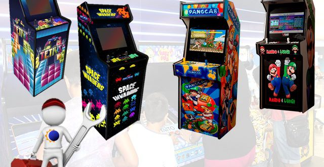 Máquinas recreativas, con la imagen de caricatura de un técnico en primer plano